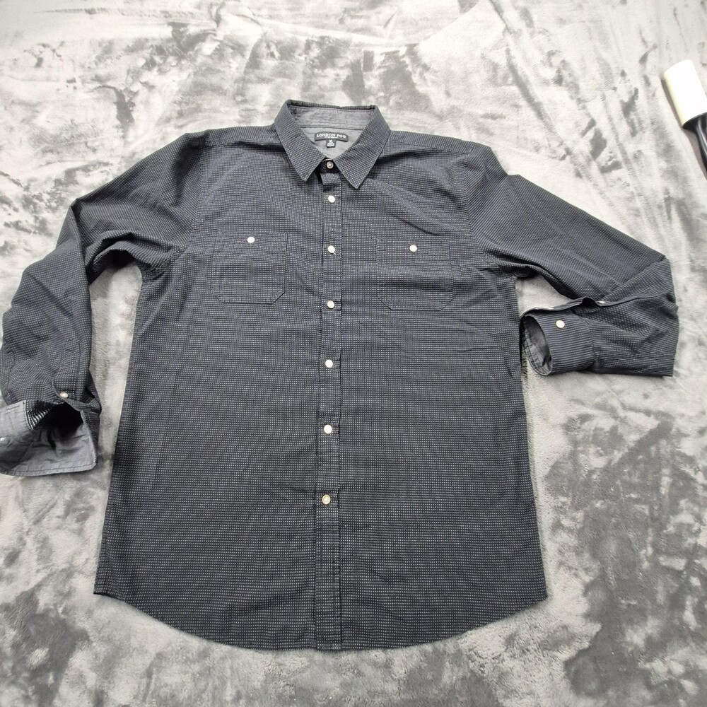 London Fog Shirt Mens XL Black Gray Micro Dot Button Front Long Sleeve Pockets